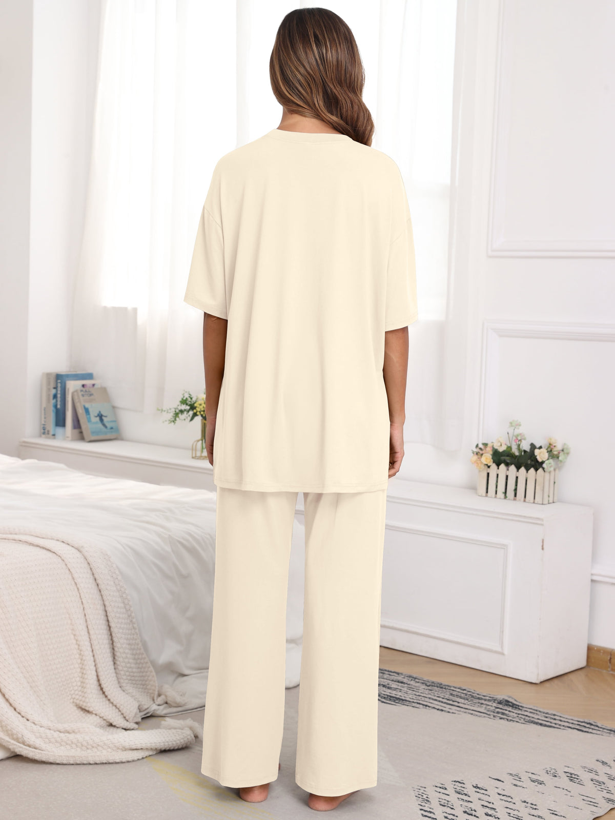 Lounge Sets for Women Knit Short Sleeve Tops and Long Pants Soft Comfy Pajamas Set Oversized 2 Piece Outfits S-2X