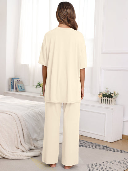 Lounge Sets for Women Knit Short Sleeve Tops and Long Pants Soft Comfy Pajamas Set Oversized 2 Piece Outfits S-2X