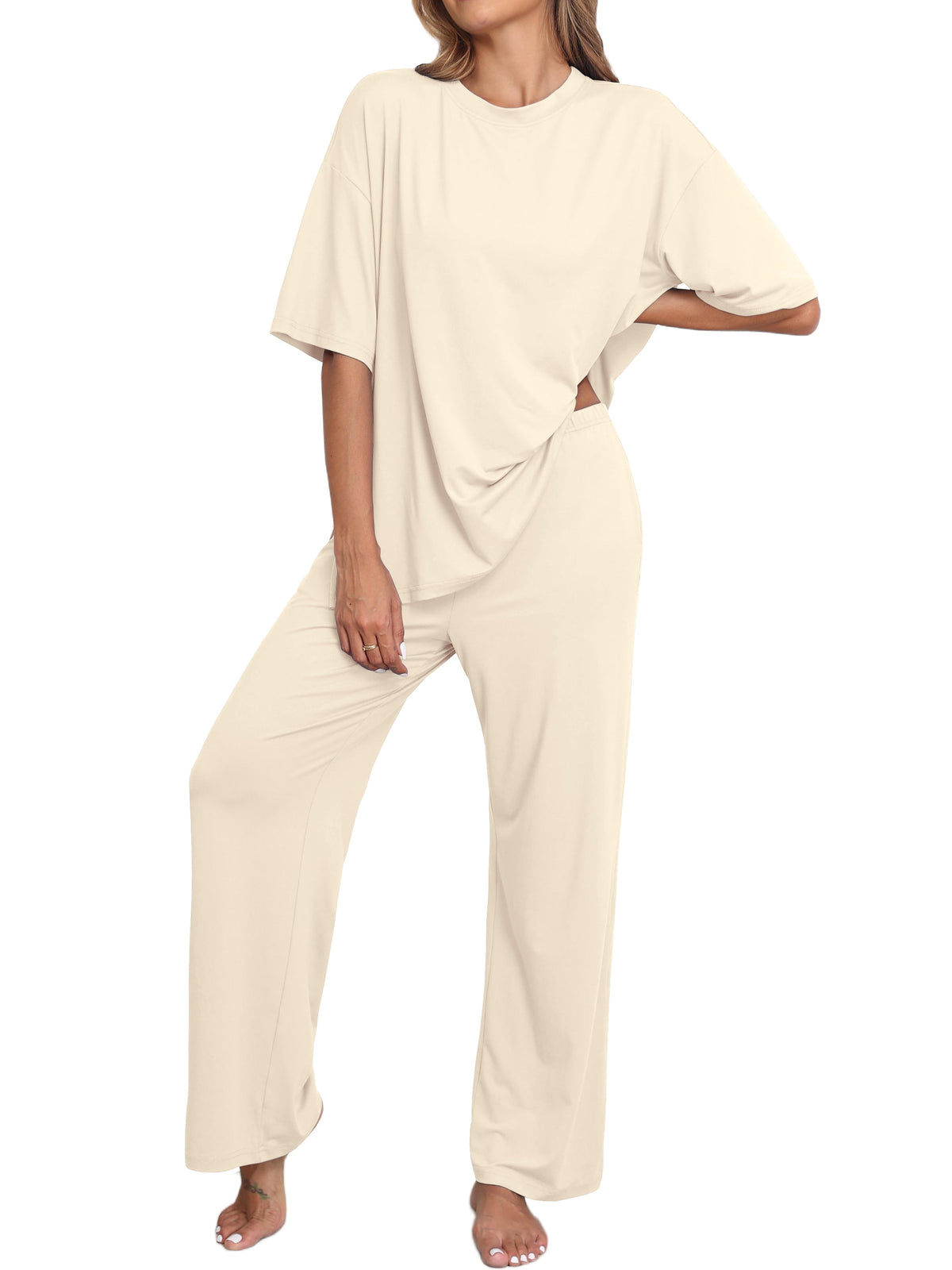 Lounge Sets for Women Knit Short Sleeve Tops and Long Pants Soft Comfy Pajamas Set Oversized 2 Piece Outfits S-2X