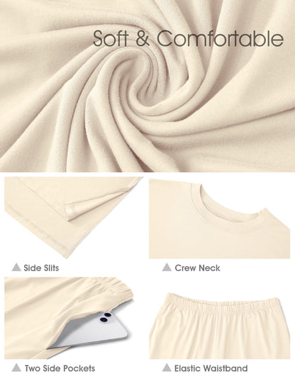 Lounge Sets for Women Knit Short Sleeve Tops and Long Pants Soft Comfy Pajamas Set Oversized 2 Piece Outfits S-2X