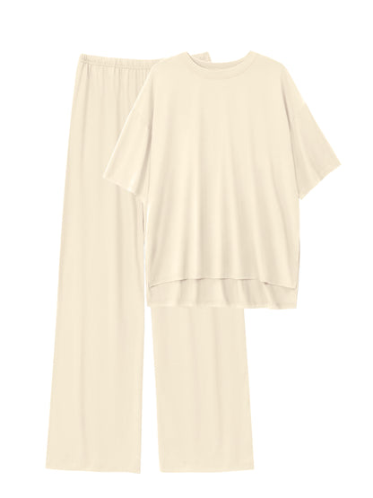 Lounge Sets for Women Knit Short Sleeve Tops and Long Pants Soft Comfy Pajamas Set Oversized 2 Piece Outfits S-2X